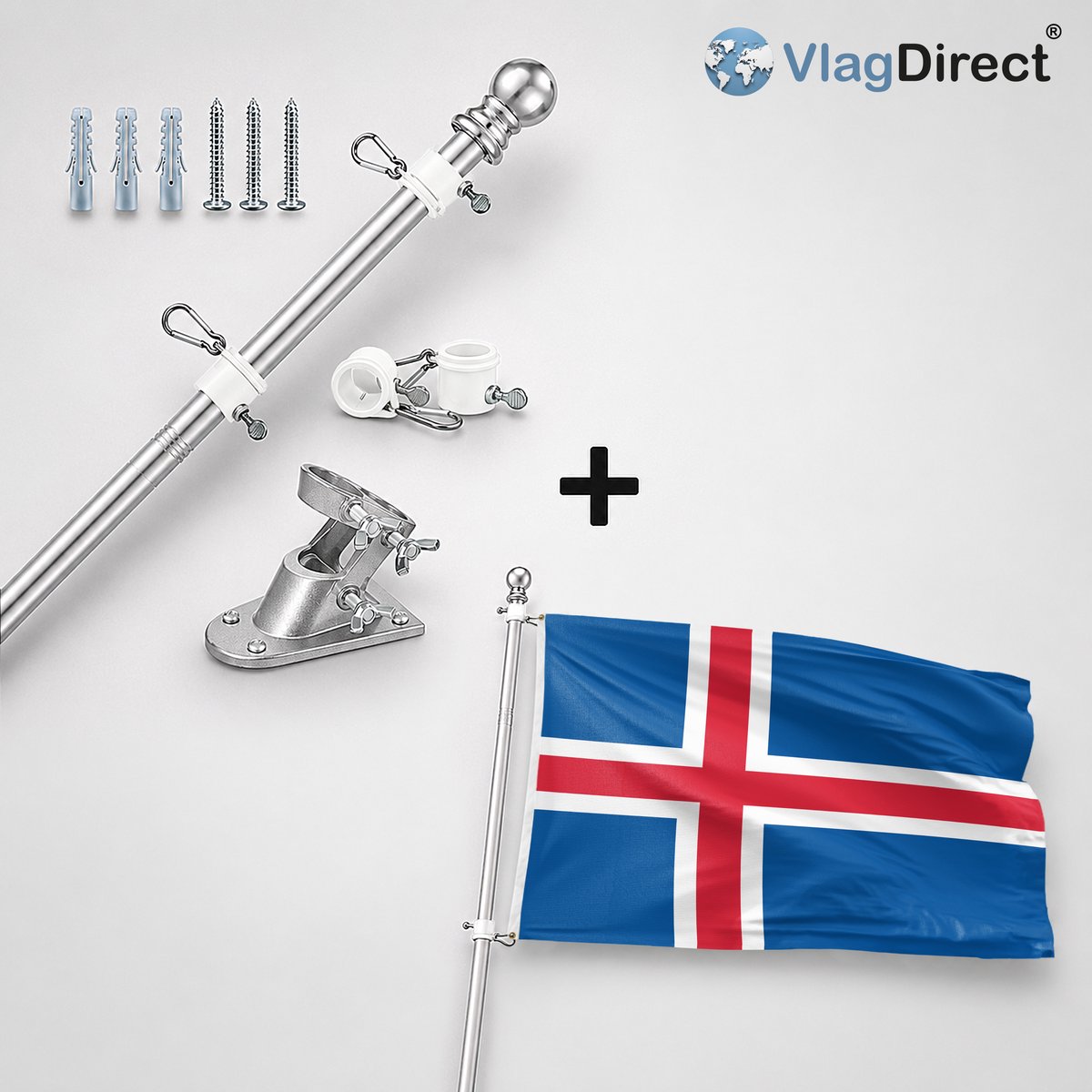 VlagDirect - Compleet vlaggenpakket - Zilveren vlaggenstok inclusief vlaggenstokhouder + Ijslandse vlag - Ijsland vlag - 90 x 150 cm.