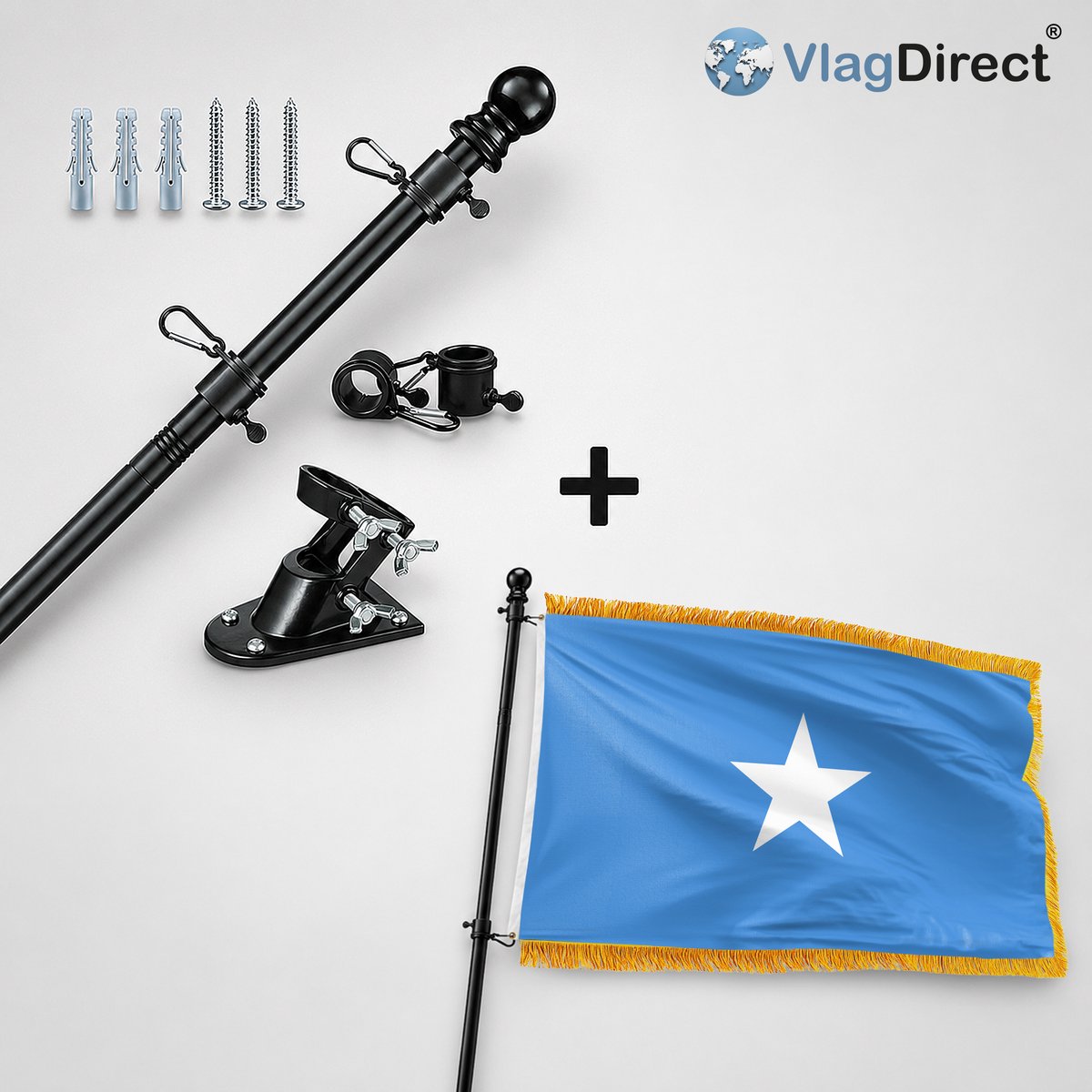 VlagDirect - Compleet vlaggenpakket - Zwarte vlaggenstok inclusief vlaggenstokhouder + Somalische vlag - Somalie vlag - 90 x 150 cm.