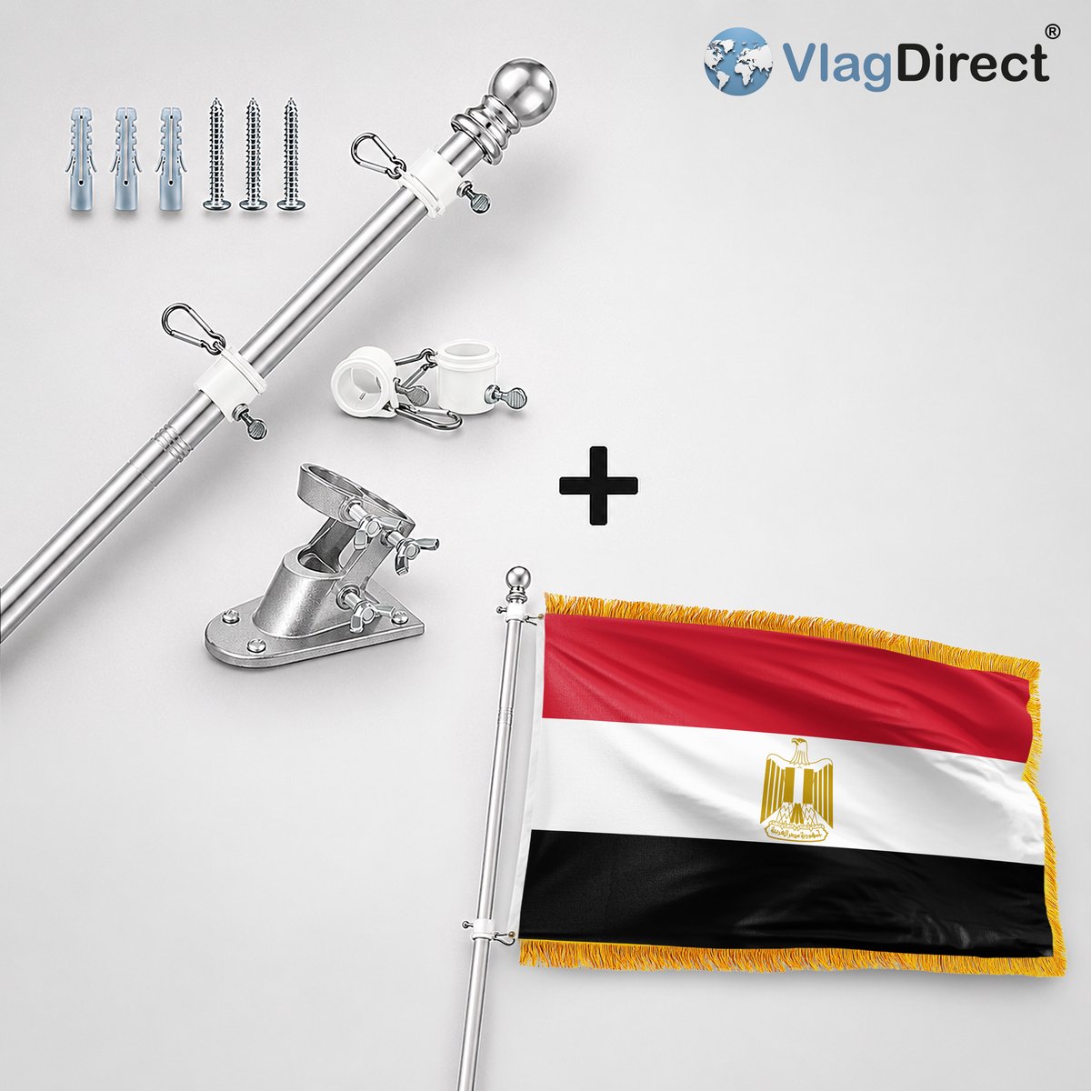 VlagDirect - Compleet vlaggenpakket - Zilveren vlaggenstok inclusief vlaggenstokhouder + Luxe Egyptische vlag - Luxe Egypte vlag - 90 x 150 cm - Franjes.