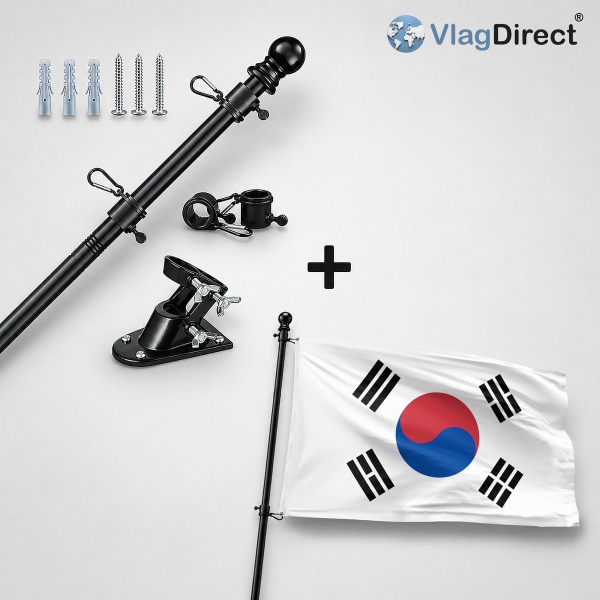 VlagDirect - Compleet vlaggenpakket - Zwarte vlaggenstok inclusief vlaggenstokhouder + Zuid-Koreaanse vlag - Zuid-Korea vlag - 90 x 150 cm.