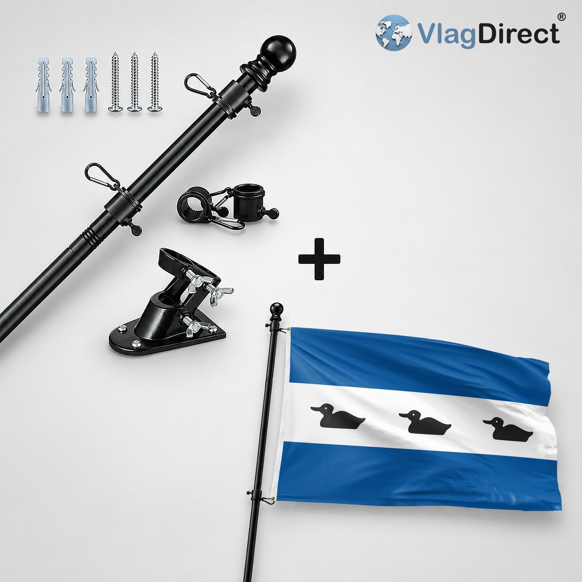 VlagDirect - Compleet vlaggenpakket - Zwarte vlaggenstok inclusief vlaggenstokhouder + Diemen vlag - Gemeente Diemen vlag - 90 x 150 cm.