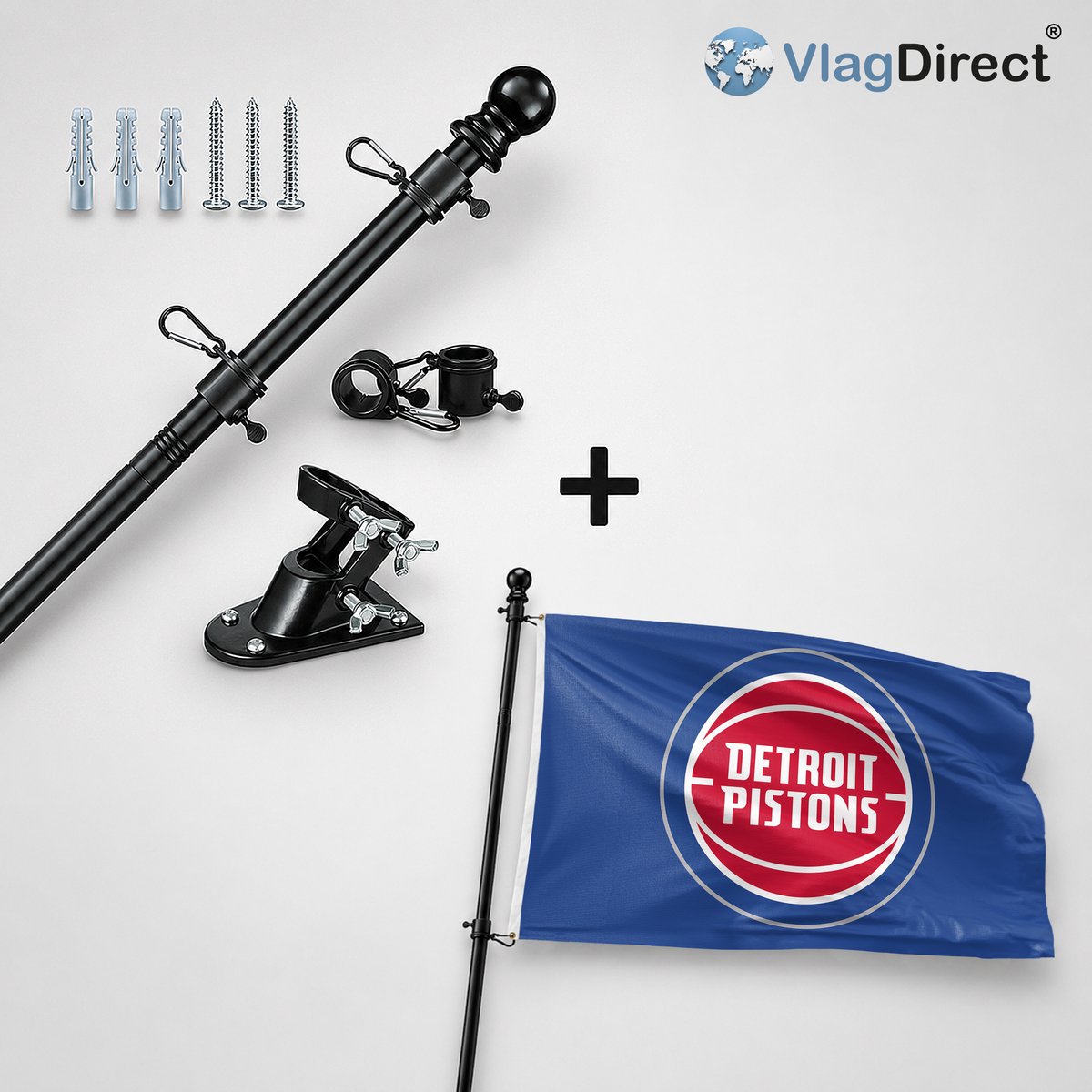 VlagDirect - Compleet vlaggenpakket - Zwarte vlaggenstok inclusief vlaggenstokhouder + Detroit Pistons vlag - Detroit pistons basketbalteam vlag - 90 x 150 cm.