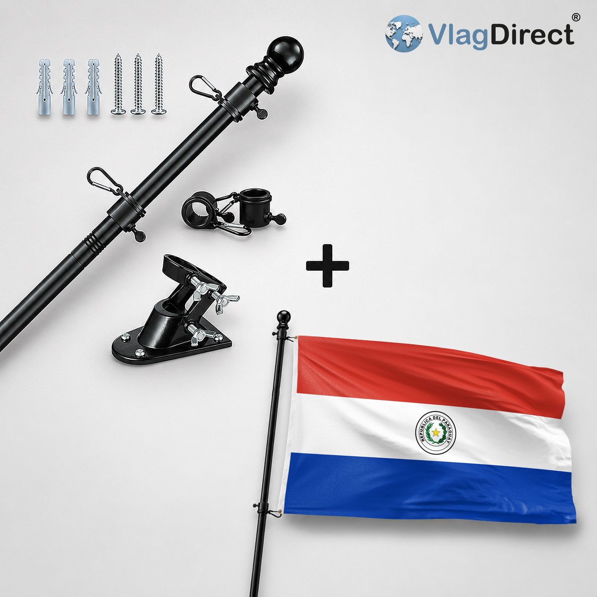 VlagDirect - Compleet vlaggenpakket - Zwarte vlaggenstok inclusief vlaggenstokhouder + Paraguayaanse vlag - Paraguay vlag - 90 x 150 cm