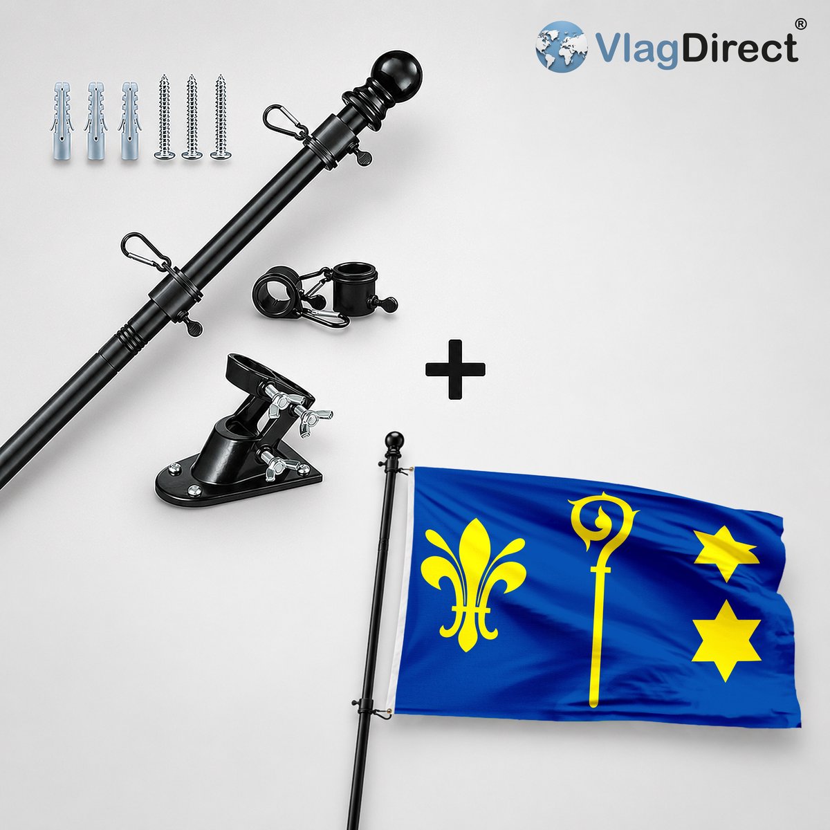 VlagDirect - Compleet vlaggenpakket - Zwarte vlaggenstok inclusief vlaggenstokhouder + Bitsingse vlag - Gemeente Bitsingen vlag - 90 x 150 cm.