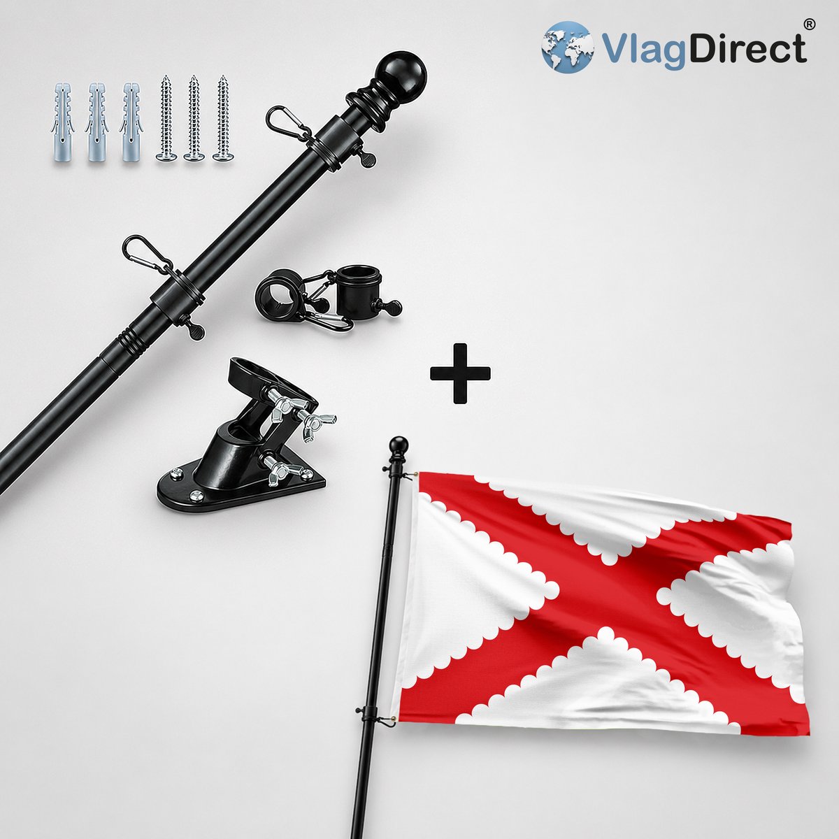 VlagDirect - Compleet vlaggenpakket - Zwarte vlaggenstok inclusief vlaggenstokhouder + Bertemse vlag - Gemeente Bertem vlag - 90 x 150 cm.