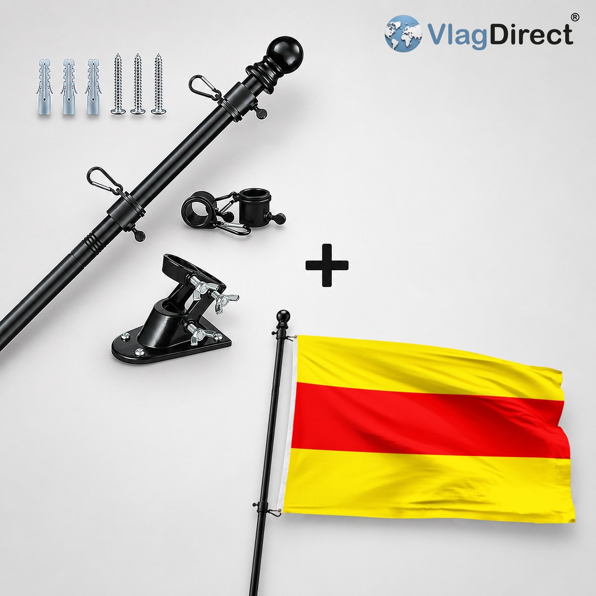 VlagDirect - Compleet vlaggenpakket - Zwarte vlaggenstok inclusief vlaggenstokhouder + Wingense vlag - Gemeente Wingene vlag - 90 x 150 cm.