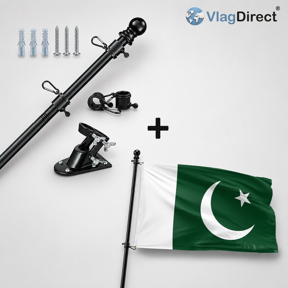 VlagDirect - Compleet vlaggenpakket - Zwarte vlaggenstok inclusief vlaggenstokhouder + Pakistaanse vlag - Pakistan vlag - 90 x 150 cm.