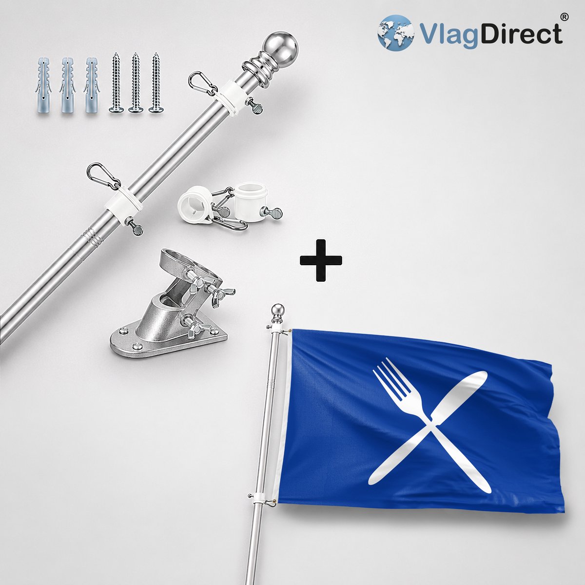 VlagDirect - Compleet vlaggenpakket - Zilveren vlaggenstok inclusief vlaggenstokhouder + Restaurant vlag - Horeca vlag - 90 x 150 cm.