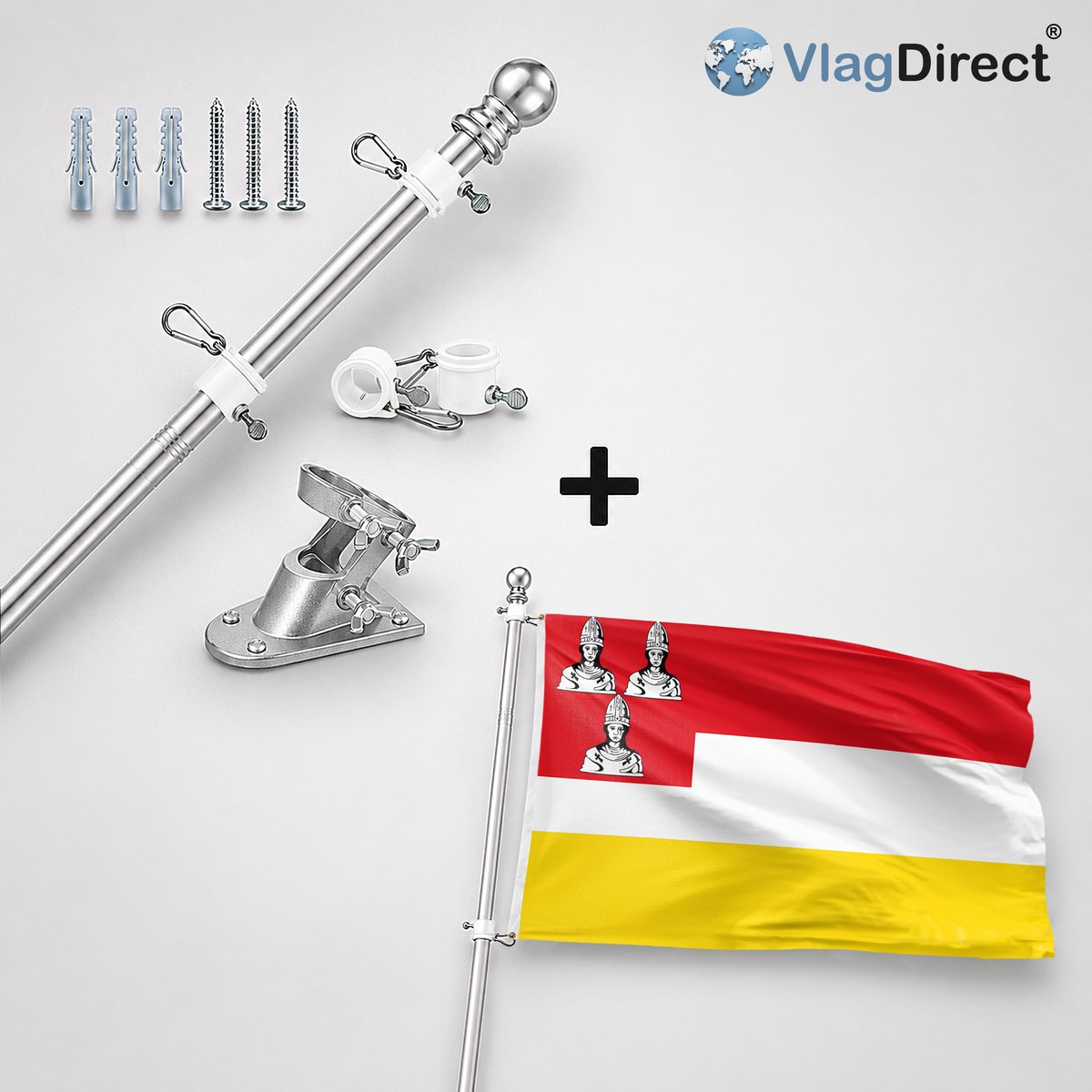 VlagDirect - Compleet vlaggenpakket - Zilveren vlaggenstok inclusief vlaggenstokhouder + Eemnes vlag - Gemeente Eemnes vlag - 90 x 150 cm.