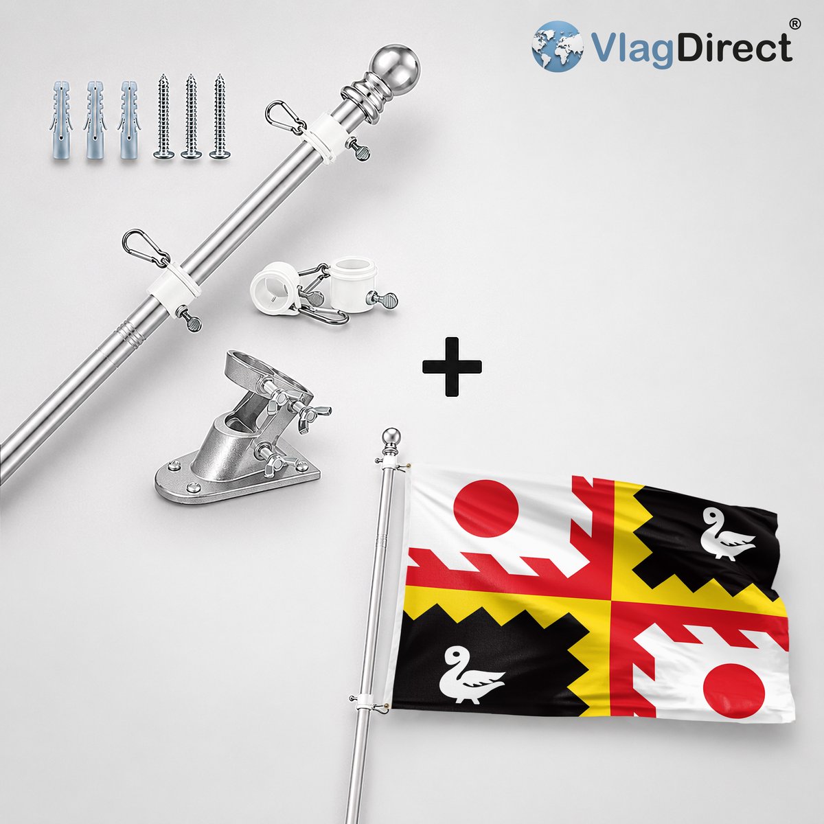 VlagDirect - Compleet vlaggenpakket - Zilveren vlaggenstok inclusief vlaggenstokhouder + Eijsden-Margraten vlag - Gemeente Eijsden-Margraten vlag - 90 x 150 cm.