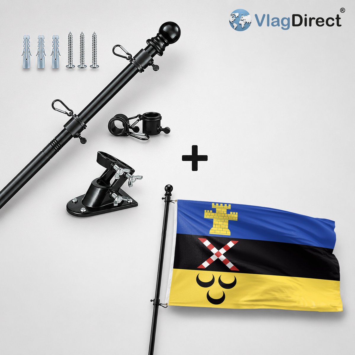 VlagDirect - Compleet vlaggenpakket - Zwarte vlaggenstok inclusief vlaggenstokhouder + Meierijstad vlag - Gemeente Meierijstad vlag - 90 x 150 cm.