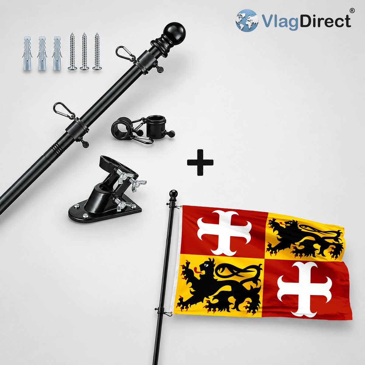 VlagDirect - Compleet vlaggenpakket - Zwarte vlaggenstok inclusief vlaggenstokhouder + Aalterse vlag - Gemeente Aalter vlag - 90 x 150 cm.