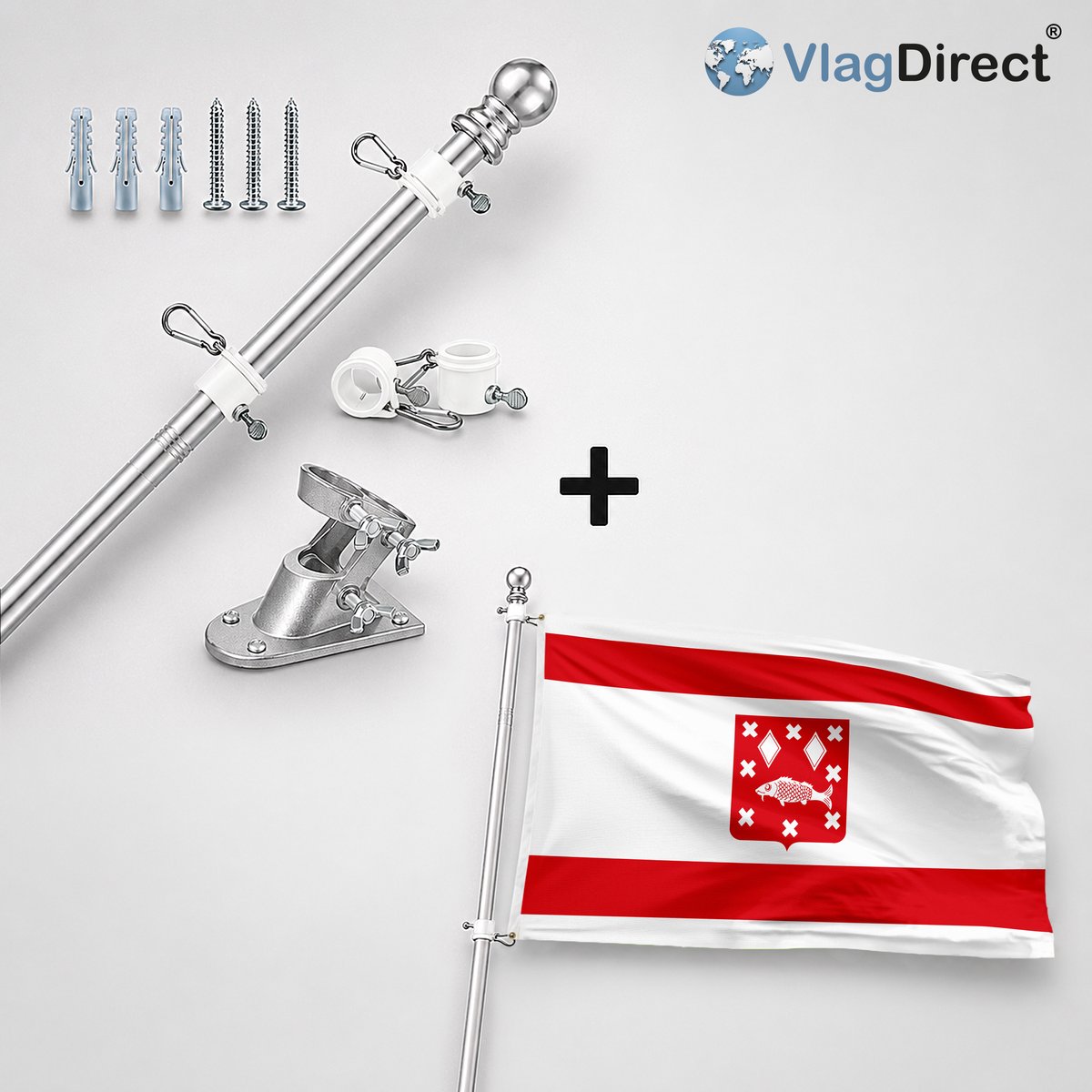VlagDirect - Compleet vlaggenpakket - Zilveren vlaggenstok inclusief vlaggenstokhouder + Brasschaatse vlag - Gemeente Brasschaat vlag - 90 x 150 cm.