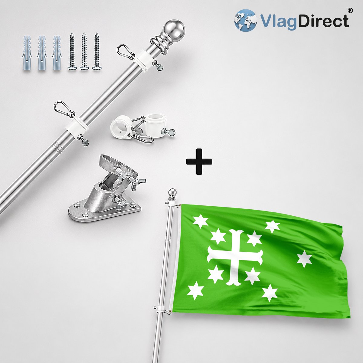 VlagDirect - Compleet vlaggenpakket - Zilveren vlaggenstok inclusief vlaggenstokhouder + Gemeente Estinnes vlag - 90 x 150 cm.
