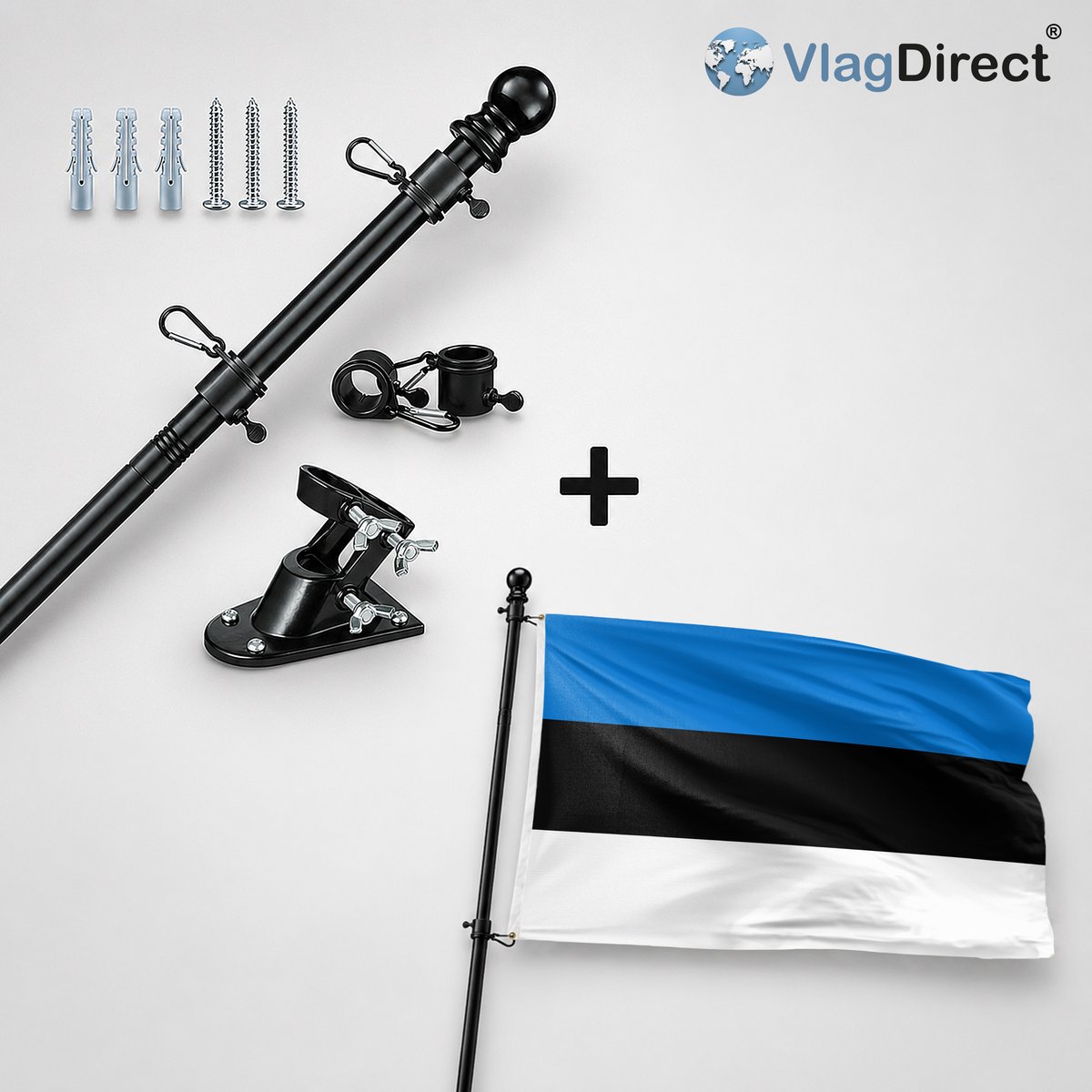 VlagDirect - Compleet vlaggenpakket - Zwarte vlaggenstok inclusief vlaggenstokhouder + Estische vlag - Estland vlag - 90 x 150 cm