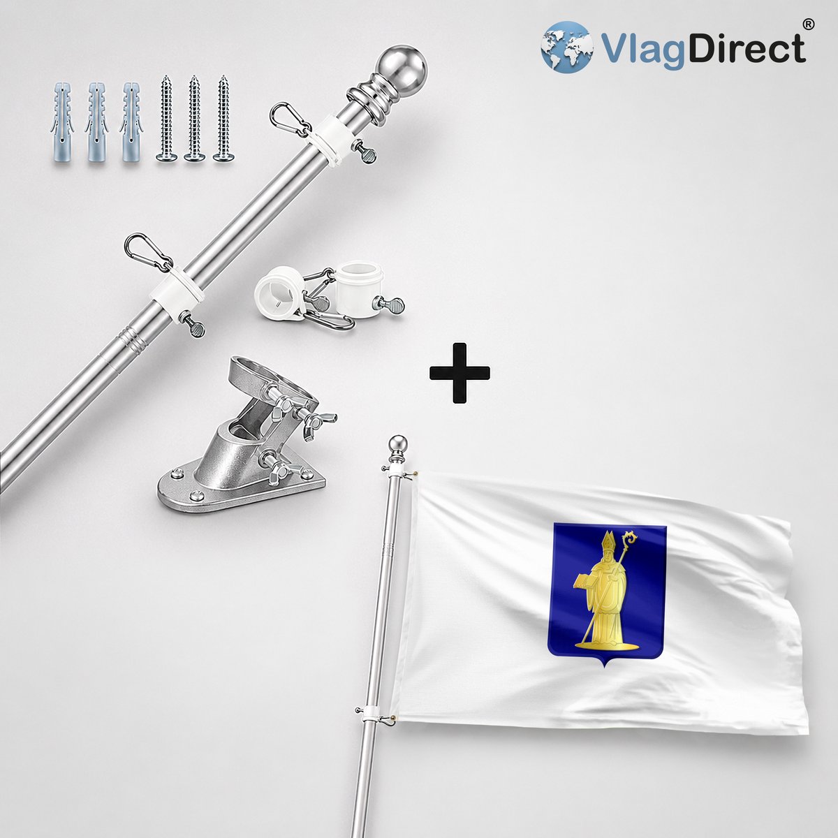 VlagDirect - Compleet vlaggenpakket - Zilveren vlaggenstok inclusief vlaggenstokhouder + Gemeente Soumagne vlag - 90 x 150 cm.