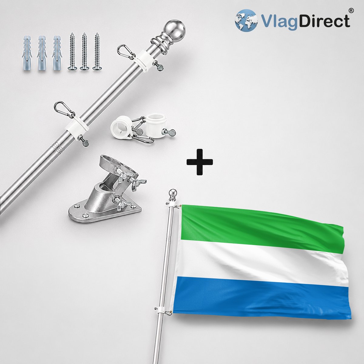 VlagDirect - Compleet vlaggenpakket - Zilveren vlaggenstok inclusief vlaggenstokhouder + Sierra Leoonse vlag- Sierra Leone vlag - 90 x 150 cm.