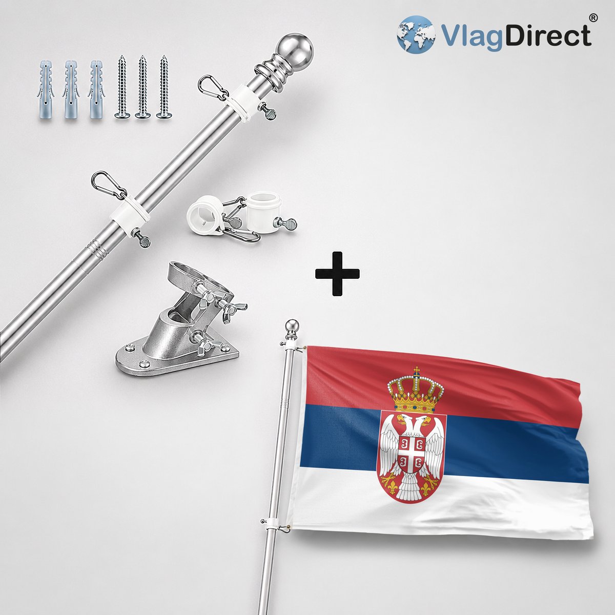 VlagDirect - Compleet vlaggenpakket - Zilveren vlaggenstok inclusief vlaggenstokhouder + Servische vlag - Servië vlag - 90 x 150 cm.