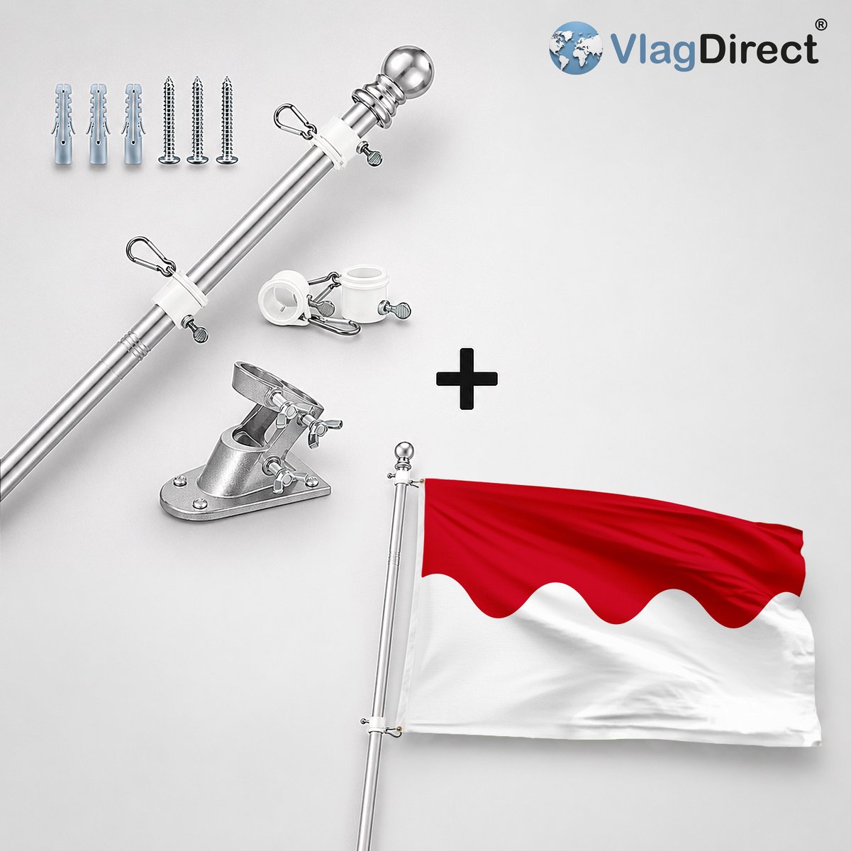 VlagDirect - Compleet vlaggenpakket - Zilveren vlaggenstok inclusief vlaggenstokhouder + Gemeente Chaumont-Gistoux vlag - 90 x 150 cm.