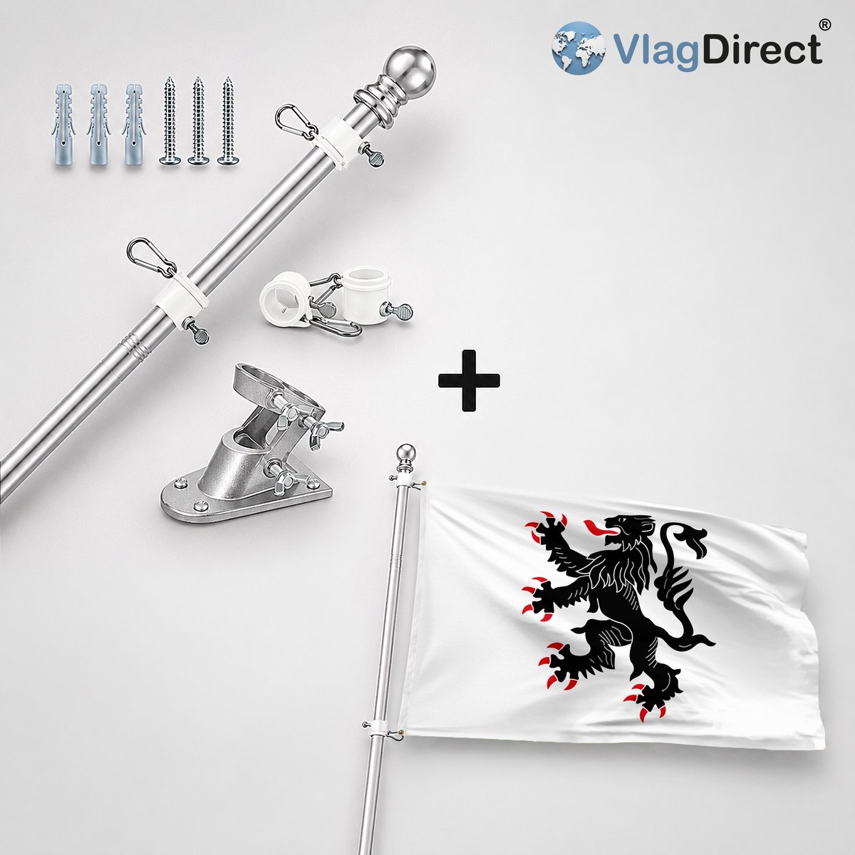 VlagDirect - Compleet vlaggenpakket - Zilveren vlaggenstok inclusief vlaggenstokhouder + Gemeente Binche vlag - 90 x 150 cm.