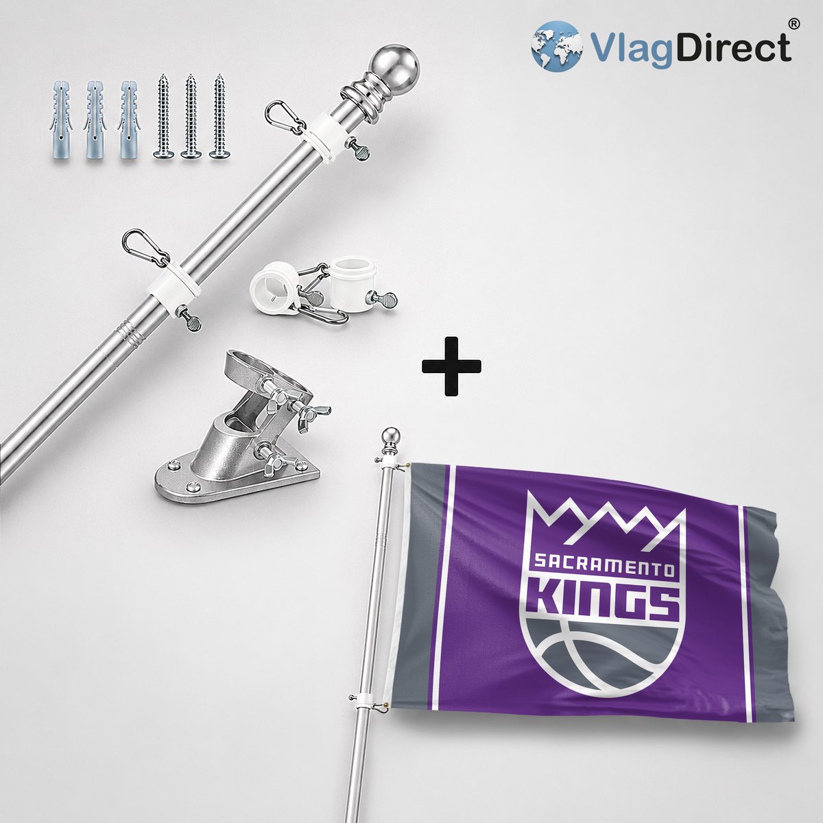 VlagDirect - Compleet vlaggenpakket - Zilveren vlaggenstok inclusief vlaggenstokhouder + Sacramento Kings vlag - Sacramento Kings basketbalteam vlag - 90 x 150 cm.