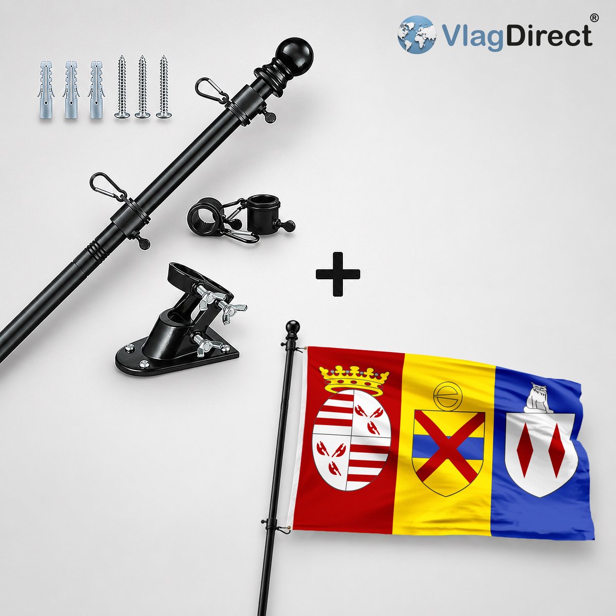 VlagDirect - Compleet vlaggenpakket - Zwarte vlaggenstok inclusief vlaggenstokhouder + Londerzeelse vlag - Gemeente Londerzeel vlag - 90 x 150 cm.