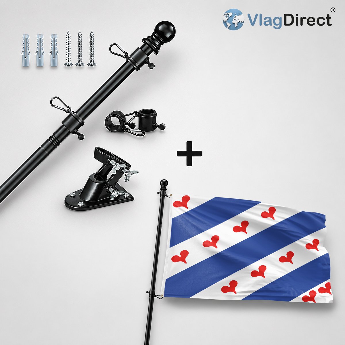 VlagDirect - Compleet vlaggenpakket - Zwarte vlaggenstok inclusief vlaggenstokhouder + Ommelandse vlag - Regio Ommelanden vlag - 90 x 150 cm.