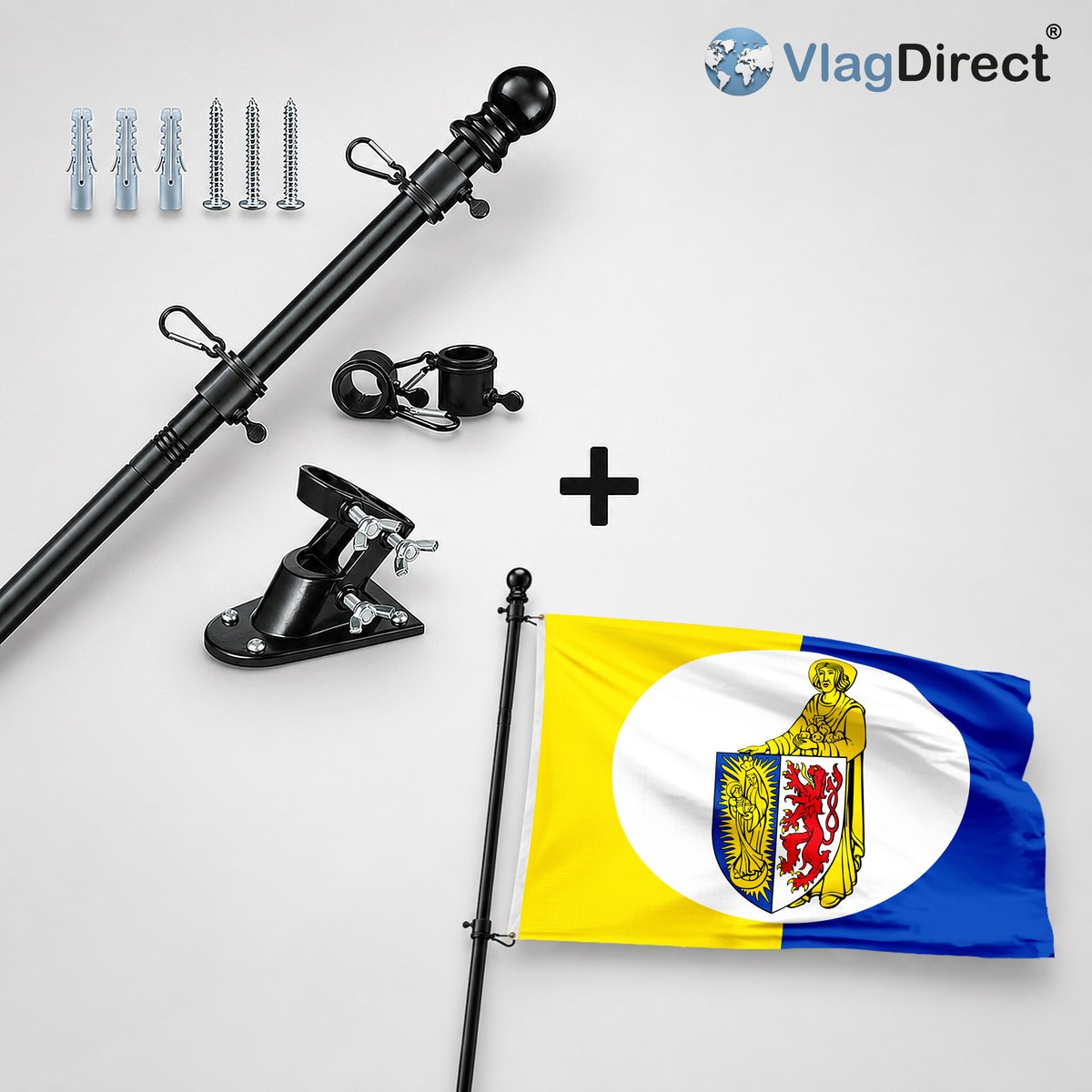 VlagDirect - Compleet vlaggenpakket - Zwarte vlaggenstok inclusief vlaggenstokhouder + Lontzense vlag - Gemeente Lontzen vlag - 90 x 150 cm.