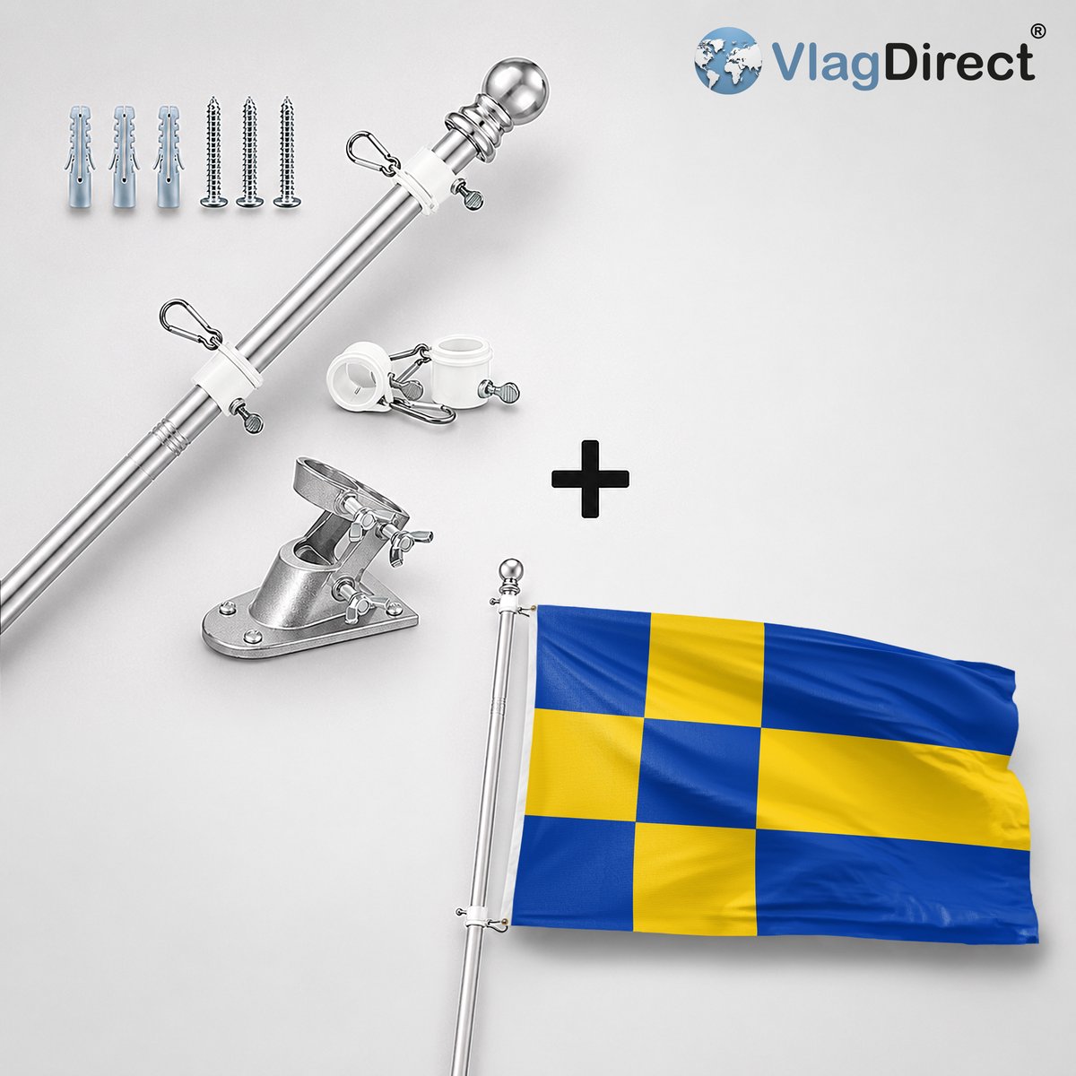 VlagDirect - Compleet vlaggenpakket - Zilveren vlaggenstok inclusief vlaggenstokhouder + Tilburg vlag - Gemeente Tilburg vlag - 90 x 150 cm.