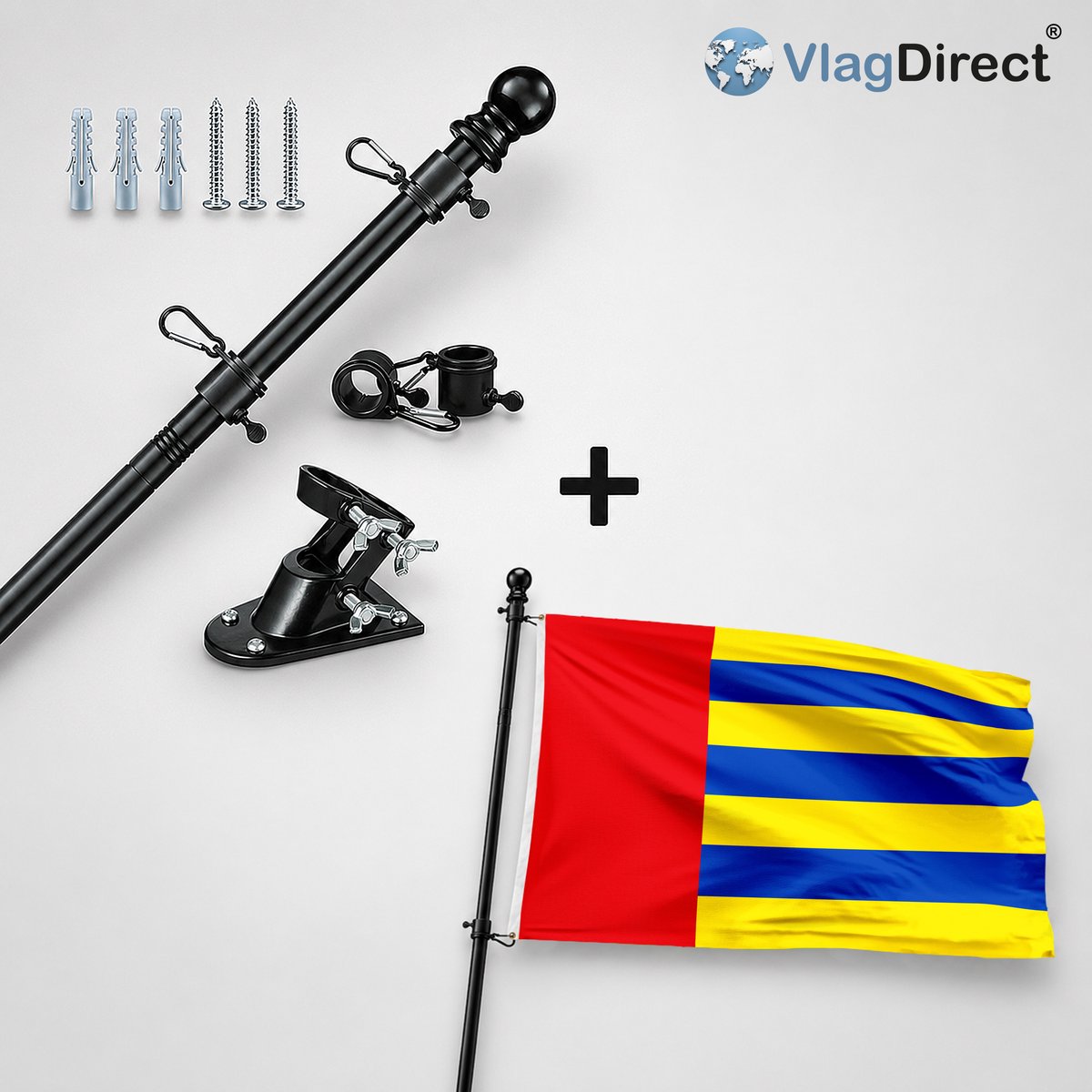 VlagDirect - Compleet vlaggenpakket - Zwarte vlaggenstok inclusief vlaggenstokhouder + Gemeente Amay vlag - 90 x 150 cm.
