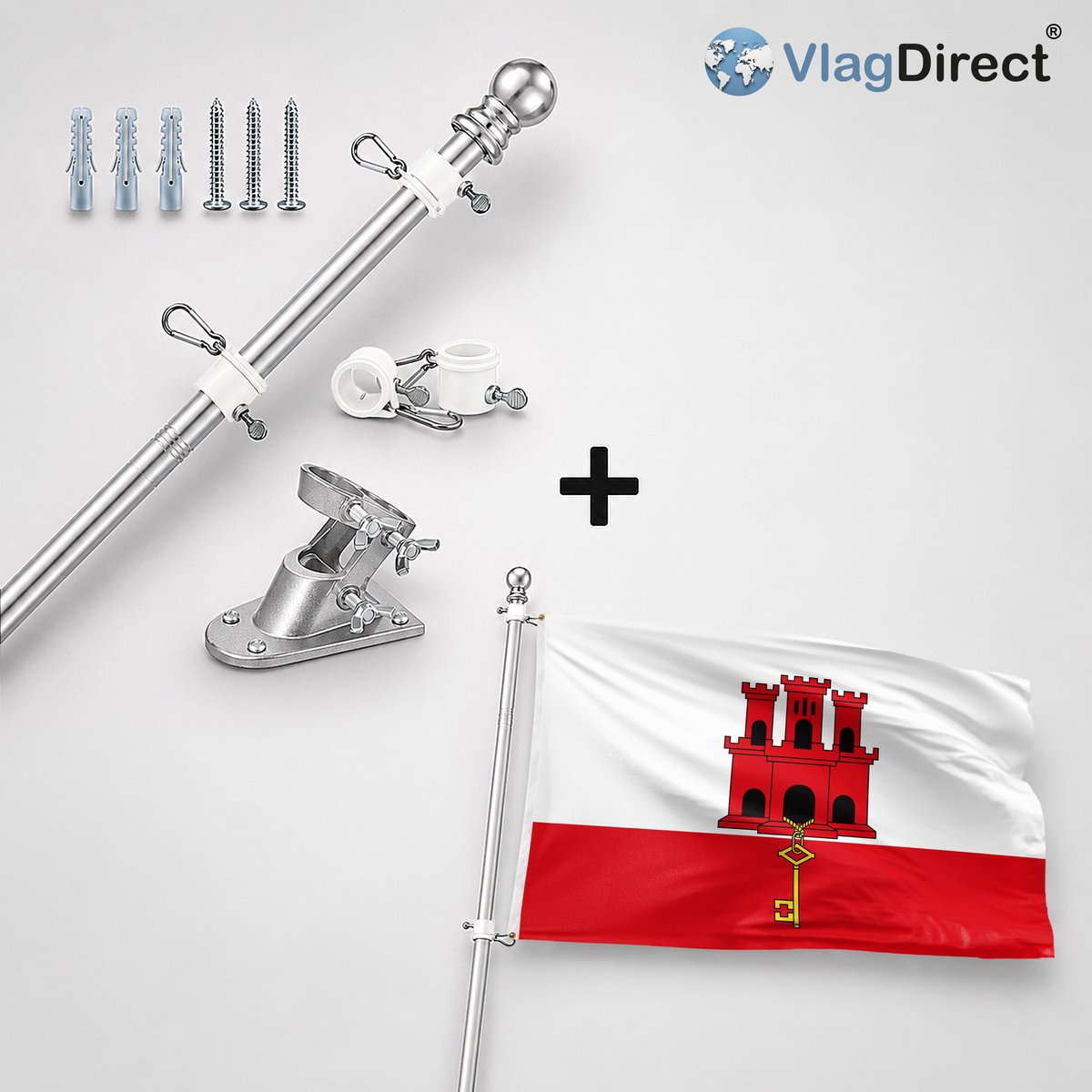 VlagDirect - Compleet vlaggenpakket - Zilveren vlaggenstok inclusief vlaggenstokhouder + Gibraltarese vlag - Gibraltar vlag - 90 x 150 cm