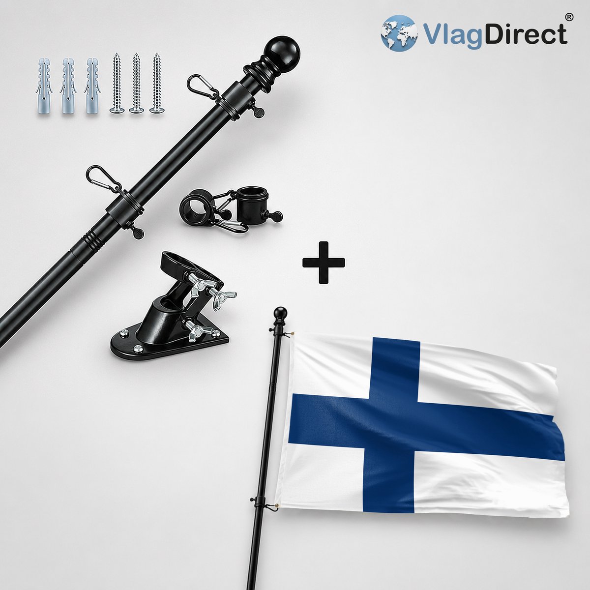 VlagDirect - Compleet vlaggenpakket - Zwarte vlaggenstok inclusief vlaggenstokhouder + Finse vlag - Finland vlag - 90 x 150 cm.