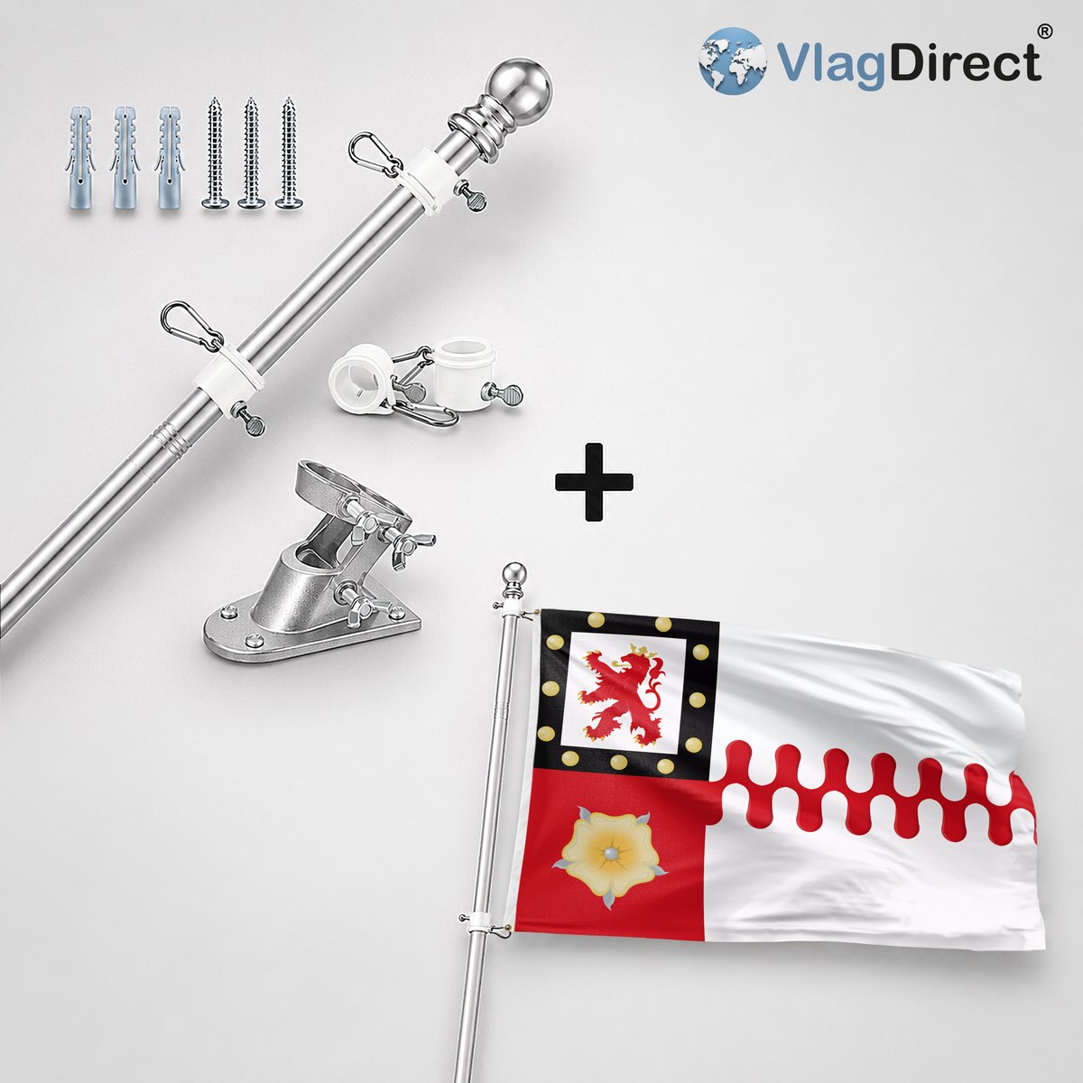 VlagDirect - Compleet vlaggenpakket - Zilveren vlaggenstok inclusief vlaggenstokhouder + Berg en Dal vlag - Gemeente Berg en Dal vlag - 90 x 150 cm.