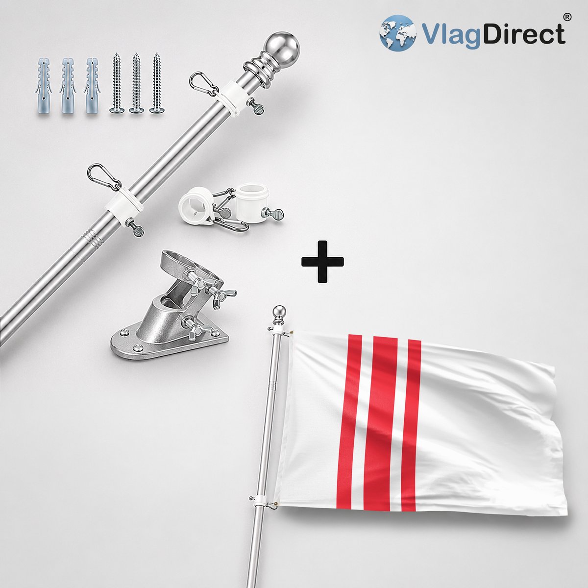 VlagDirect - Compleet vlaggenpakket - Zilveren vlaggenstok inclusief vlaggenstokhouder + Oisterwijk vlag - Gemeente Oisterwijk vlag - 90 x 150 cm.