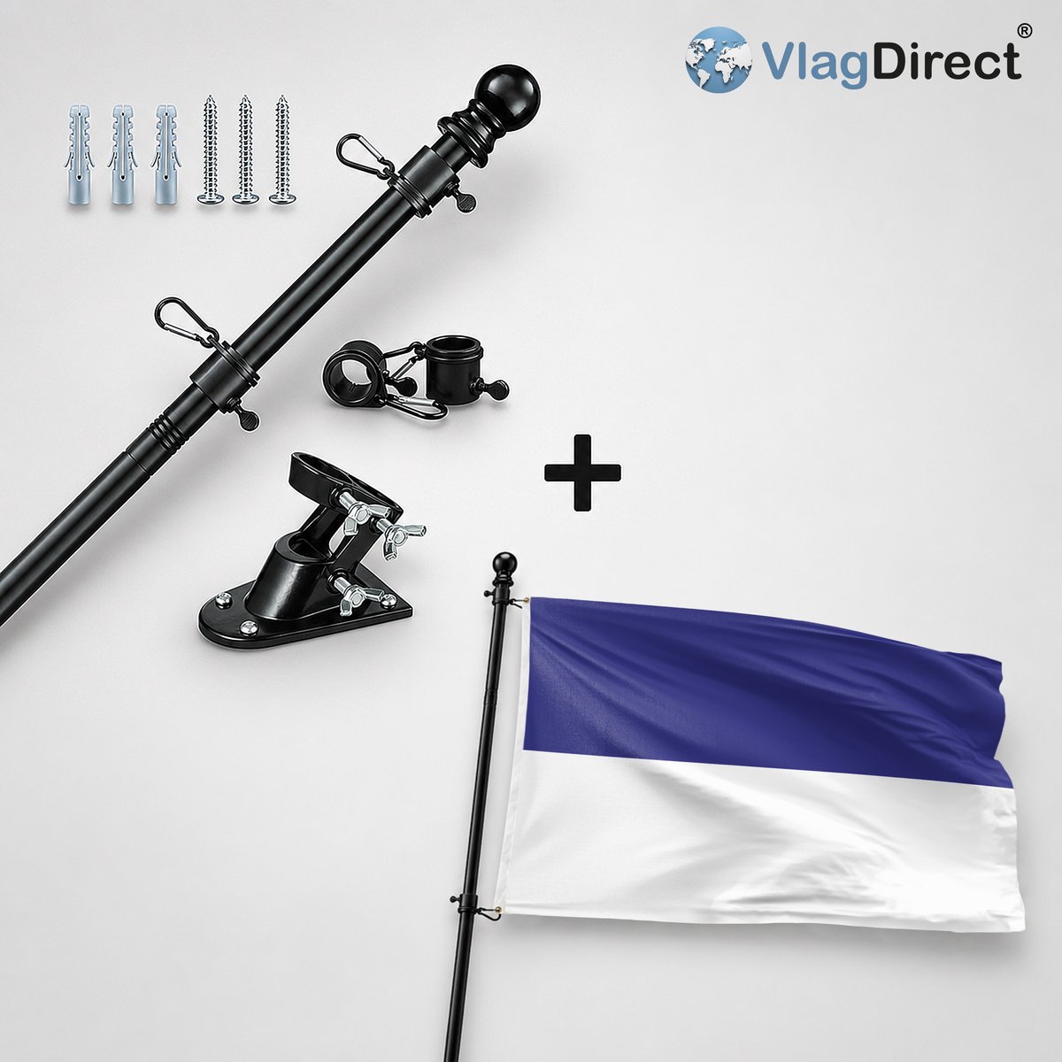 VlagDirect - Compleet vlaggenpakket - Zwarte vlaggenstok inclusief vlaggenstokhouder + Hoogeveen vlag - Gemeente Hoogeveen vlag - 90 x 150 cm.