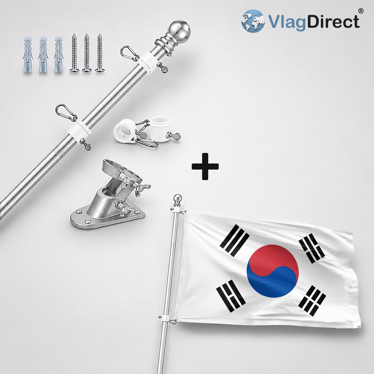 VlagDirect - Compleet vlaggenpakket - Zilveren vlaggenstok inclusief vlaggenstokhouder + Zuid-Koreaanse vlag - Zuid-Korea vlag - 90 x 150 cm.