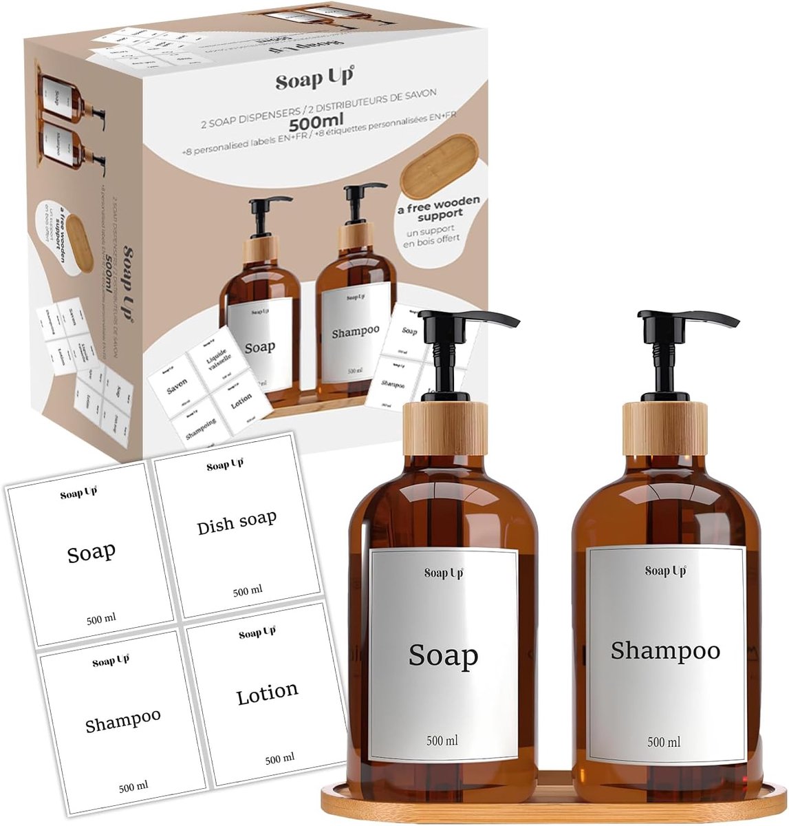 2 x 50 cl Dispensers for Soap, Shampoo, Washing-up Liquid - Bamboo Stand, Funnel & Custom Labels - ShopVlot