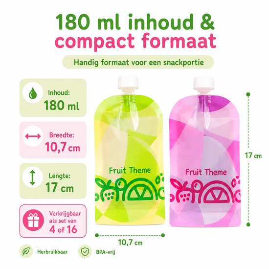 Consumerce® Hervulbare Knijpzakjes - 4 Stuks - Knijpfruit en Babyvoeding Zakjes - Herbruikbaar - Knijpfruitzakjes - Baby Voeding - Babyvoeding Bewaarzakjes - Doseerdoosjes - Bewaarbakjes - Moedermelk Bewaarflesjes van Consumerce — afbeelding 5