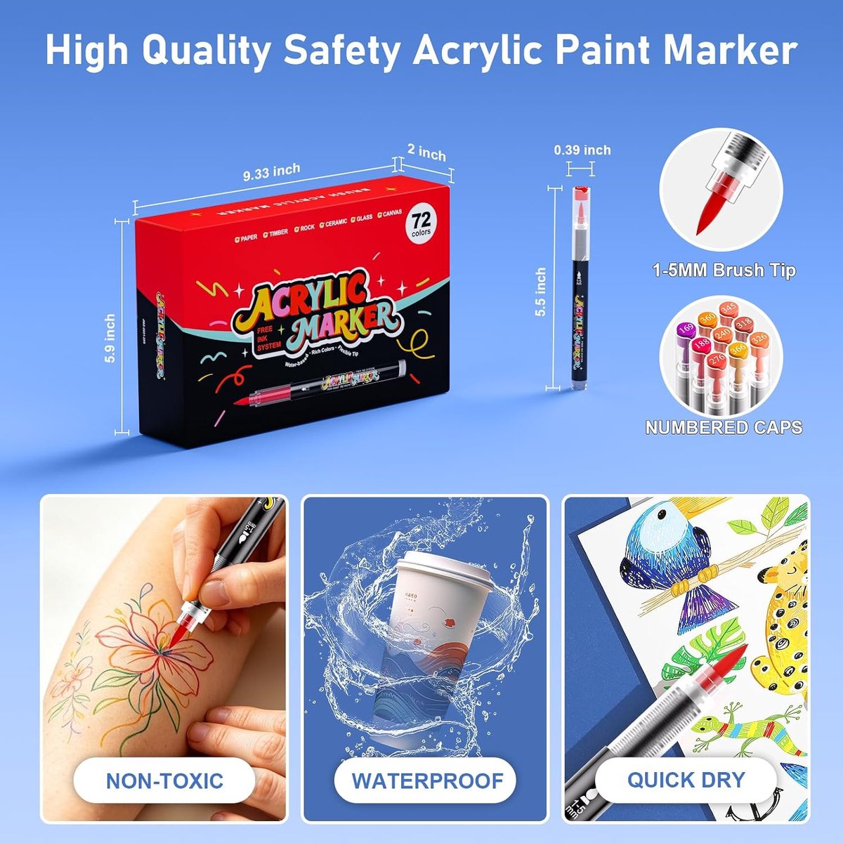 Sanyetral 72PCS Accrylic Markers Set,1-5MM Brush Tip voor Cermic Glas - Rock Painting Cermic Glas Steen Metalen Stof - ShopVlot