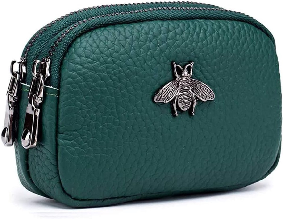 Women's Leather Wallet - Double Zipper Bee Change Pouch Wallet Card Holder Coin Pouch Mini Simple Cute Coin Pocket - ShopVlot