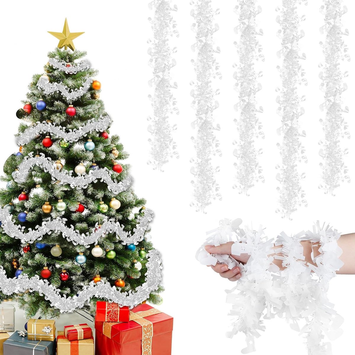 Lametta Christmas Garland, 8 x 2 m, Christmas Garland, 16 m, Christmas Decoration, Fine Lametta Garland with Bells - ShopVlot