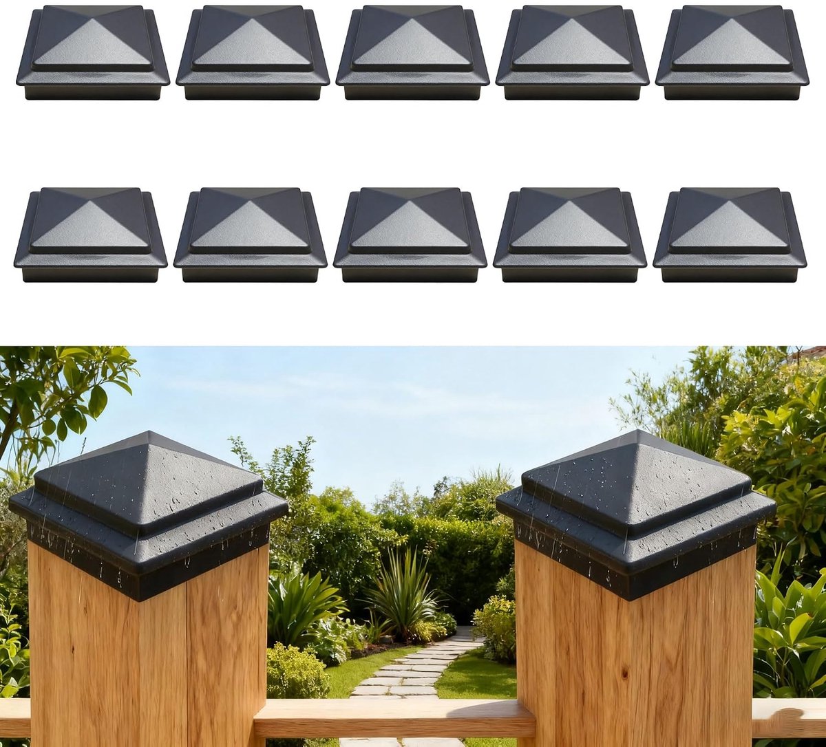 10 stuks vierkante zuilkappen 92 mm x 80,5 mm x 45 mm, hekpaaldoppen, piramide, kunststof, voor hekken, palen - ShopVlot