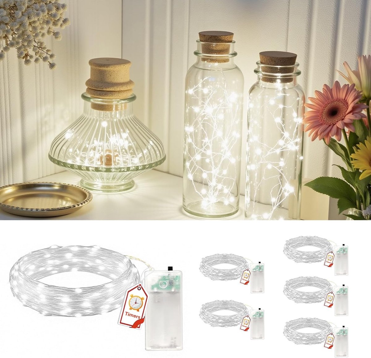 Pack of 6 LED Fairy Lights with Timer, 2 m, 20 LEDs, Battery Operated, Small Indoor Fairy Lights for Christmas - ShopVlot