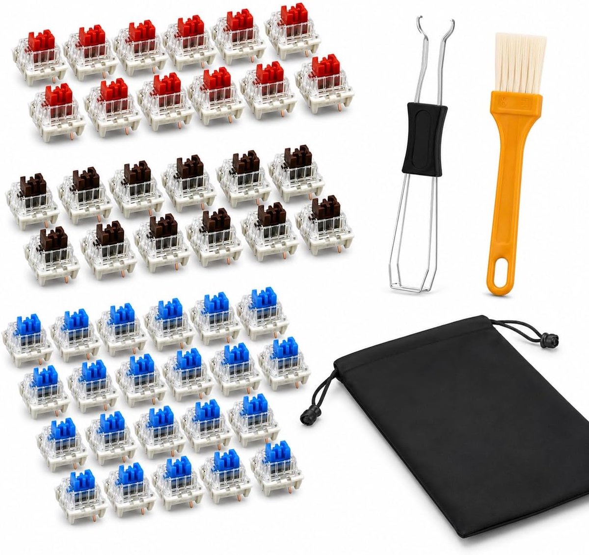 Set van 50 mechanische toetsenborden, reservetoetsen met rood silent/bruin silent/blauwe klik, toetsenbordschakelaars - ShopVlot