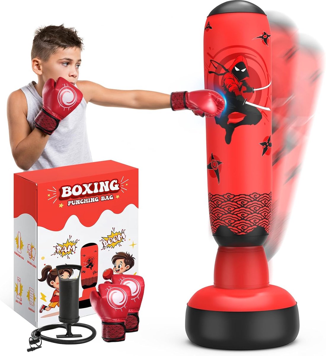 Upgrade bokszak voor kinderen, met bokshandschoenen en luchtpomp, 168 cm, stabiele boksset, premium - ShopVlot