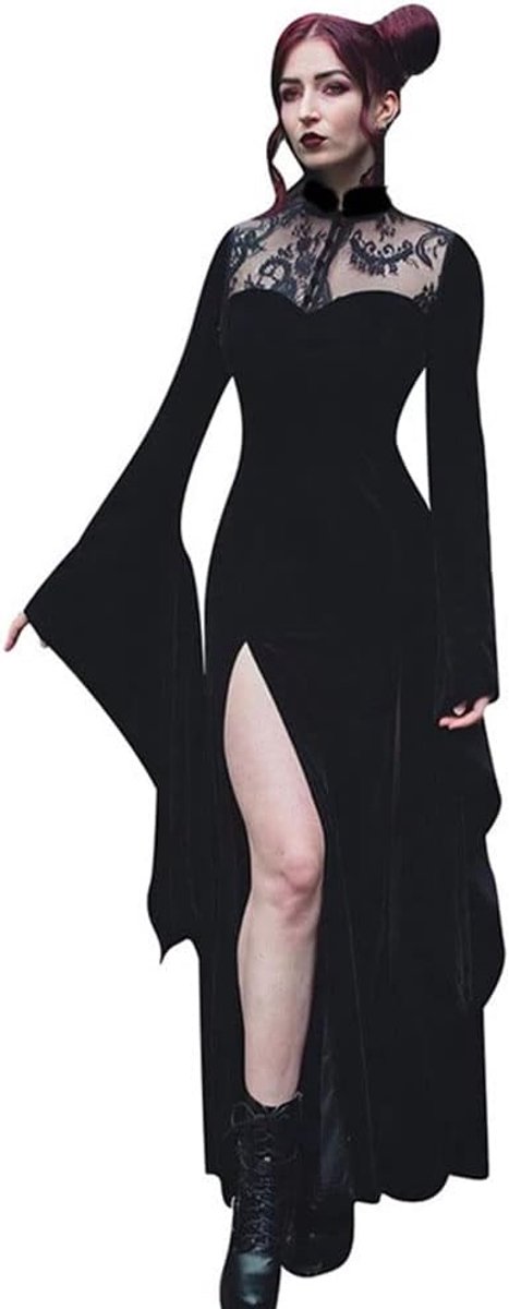 Sexy Split Dress For Women Lace Long Flare Sleeve Mermaid High Neck Waist Halloween Gothic Witch Cosplay Maxi Dress - ShopVlot