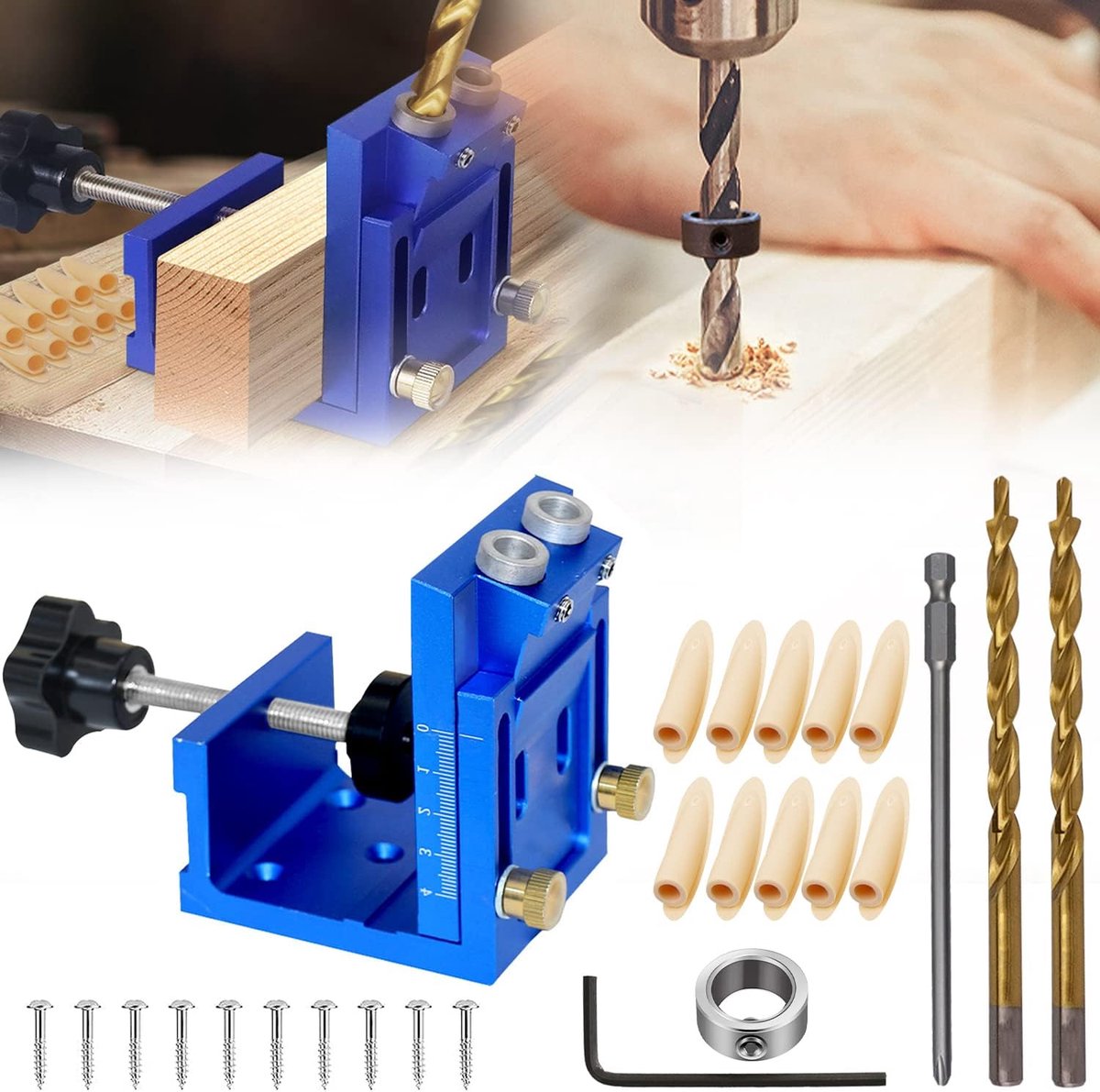 6 Pcs Pocket Holes Jig Set, Angled Drilling Aid, 9mm Drilling and 150mm Electric Party, Adjustable Pocket Hole - ShopVlot