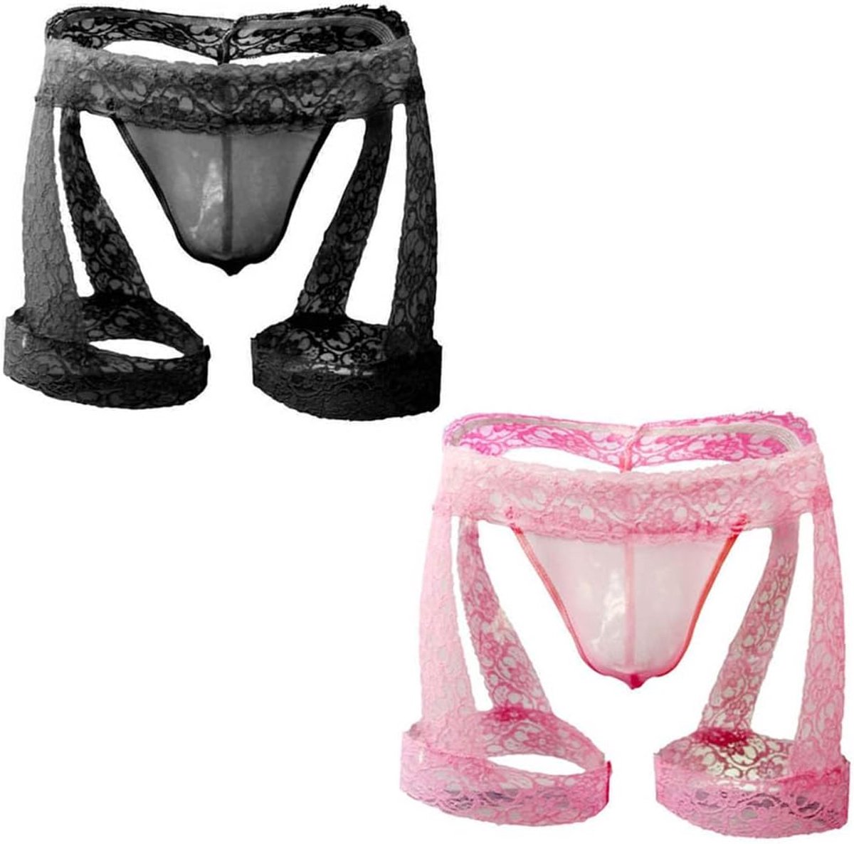 Set van 2 herenslips met bloemenkant, gevormd kruis, G-string, inclusief kousenhouder - ShopVlot