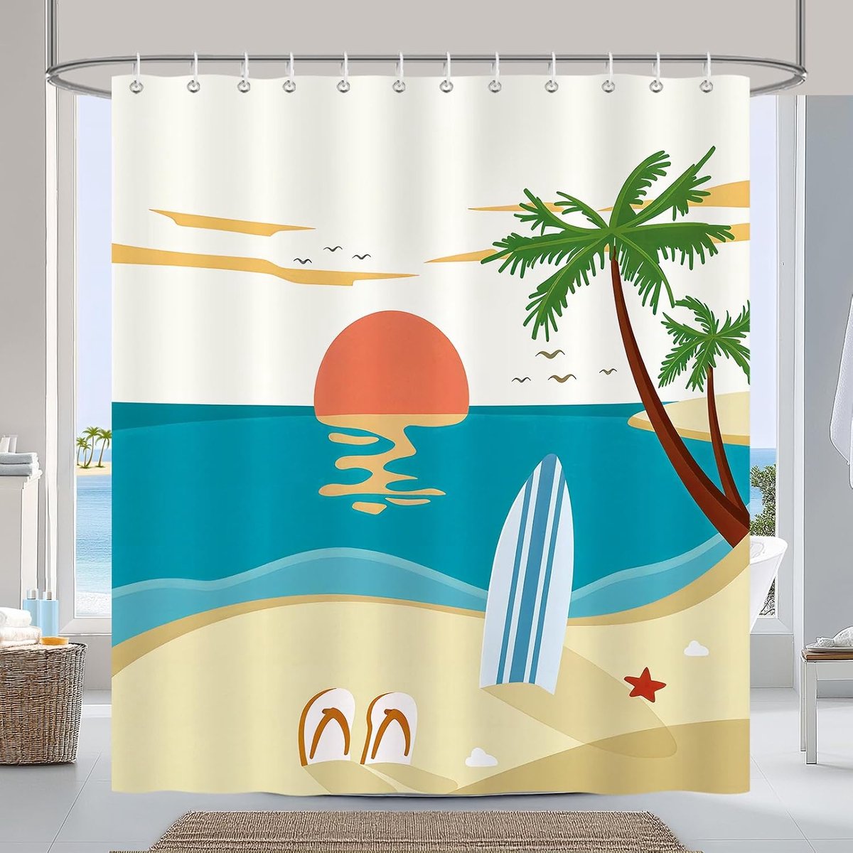 Shower Curtain 72x72 Inch Summer Beach Surf Board Coconut Tree Tropical Shower Curtains Mildew Resistant Waterproof - ShopVlot