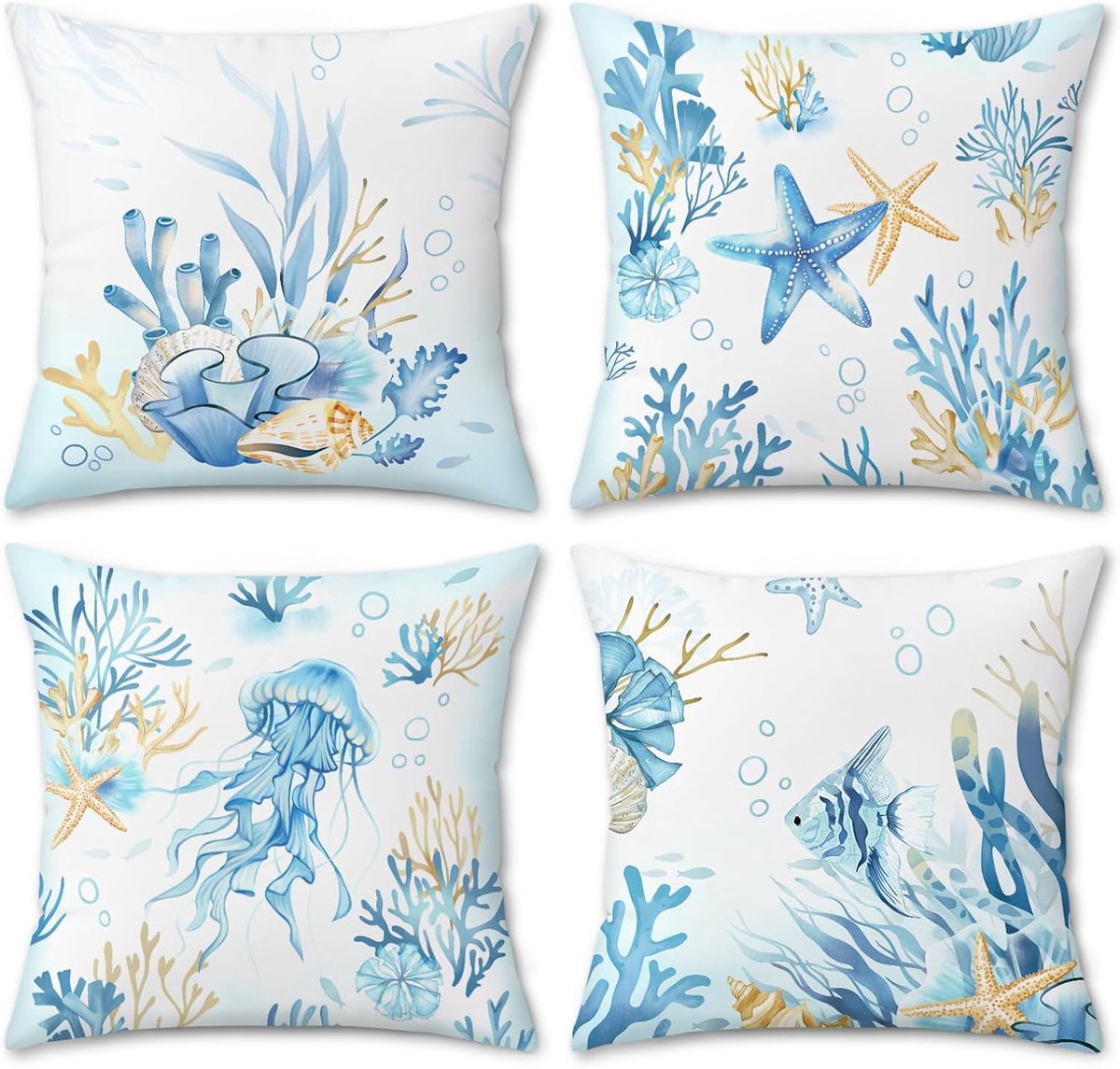 Kussenhoezen aan de kust, blauwe oceaan, kwallen, koraal, zeester, vis, strand, thema, fluweel, decoratieve - ShopVlot